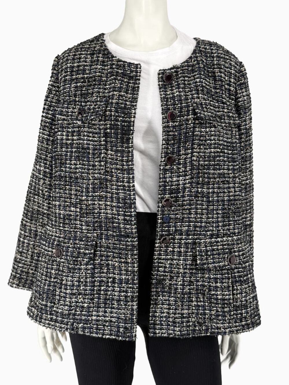 Chanel Tweed Jacket Coat Size 48 Navy Black Wool Silk Lined Jewel Buttons